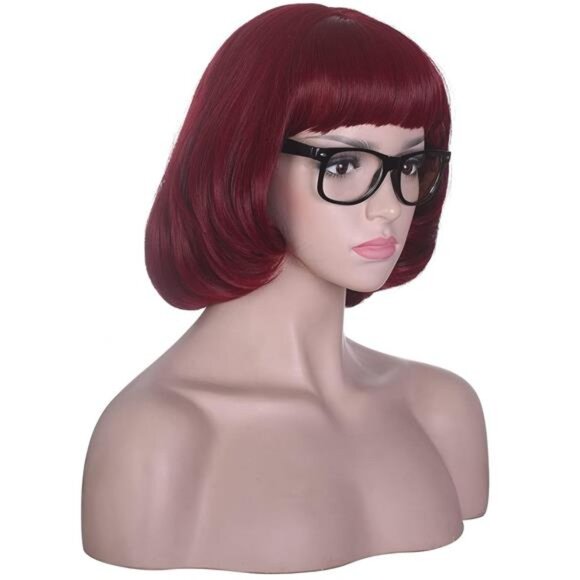 Short Wine Red Bob Wig with Bangs for Cosplay with Glasses Burgundy - Picture 2 of 6